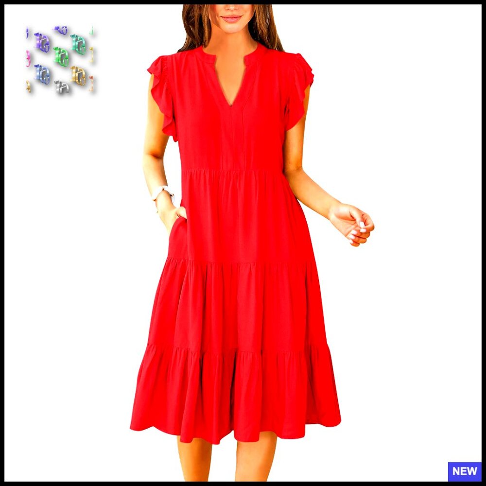 Ruffle Sleeve V Neck Midi Dress Casual Fit Flowy Tiered Boho Summer Sundress